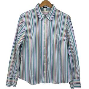 J. Crew Multi Color Rainbow Striped Button Up Shirt Women XL Preppy Coastal Chic